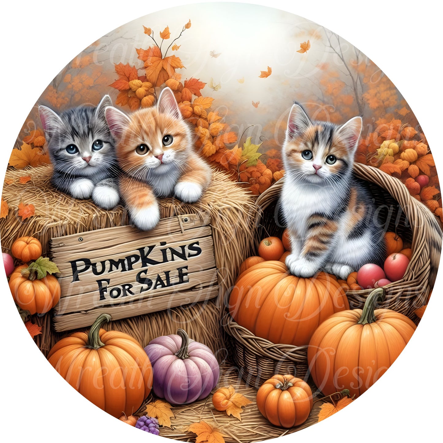 Pumpkins for Sale fall wreath sign, cute kittens autumn wreath sign, Pumpkins, Cats, and apples, wreath sign, wreath center, attachment