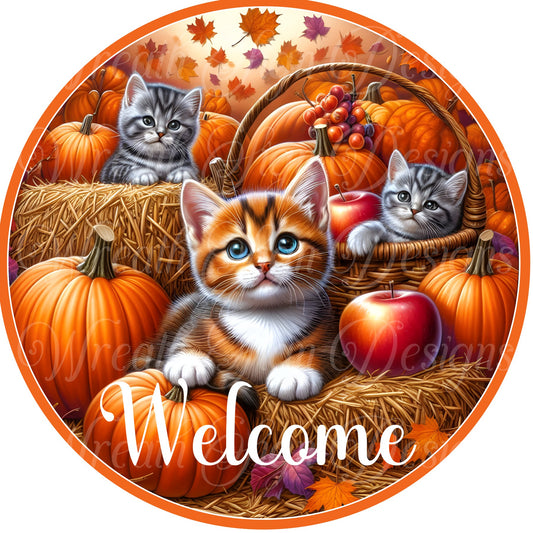 Welcome fall cats wreath sign, cute kittens autumn wreath sign, Pumpkins, Cats, and apples, wreath sign, wreath center, attachment