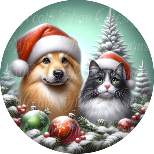 Merry Christmas, Santa Cat and Dog  sign, round metal sign, Christmas sign, Winter wreath sign, wreath center, wreath attachment