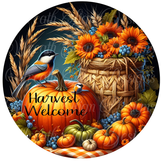 Thankful and Blessed Fall wreath sign, Chickadee and pumpkins, Autumn harvest metal sign, round wreath center, wreath attachment