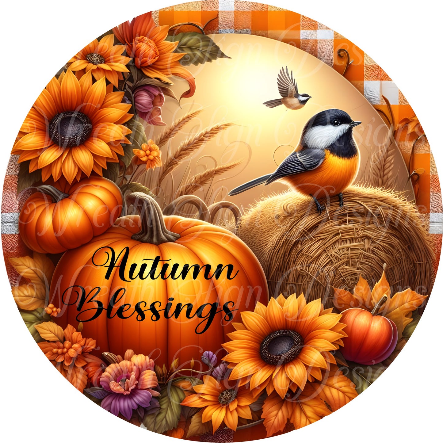 Autumn Blessings Fall wreath sign, Chickadee and pumpkins, Autumn harvest metal sign, round wreath center, wreath attachment