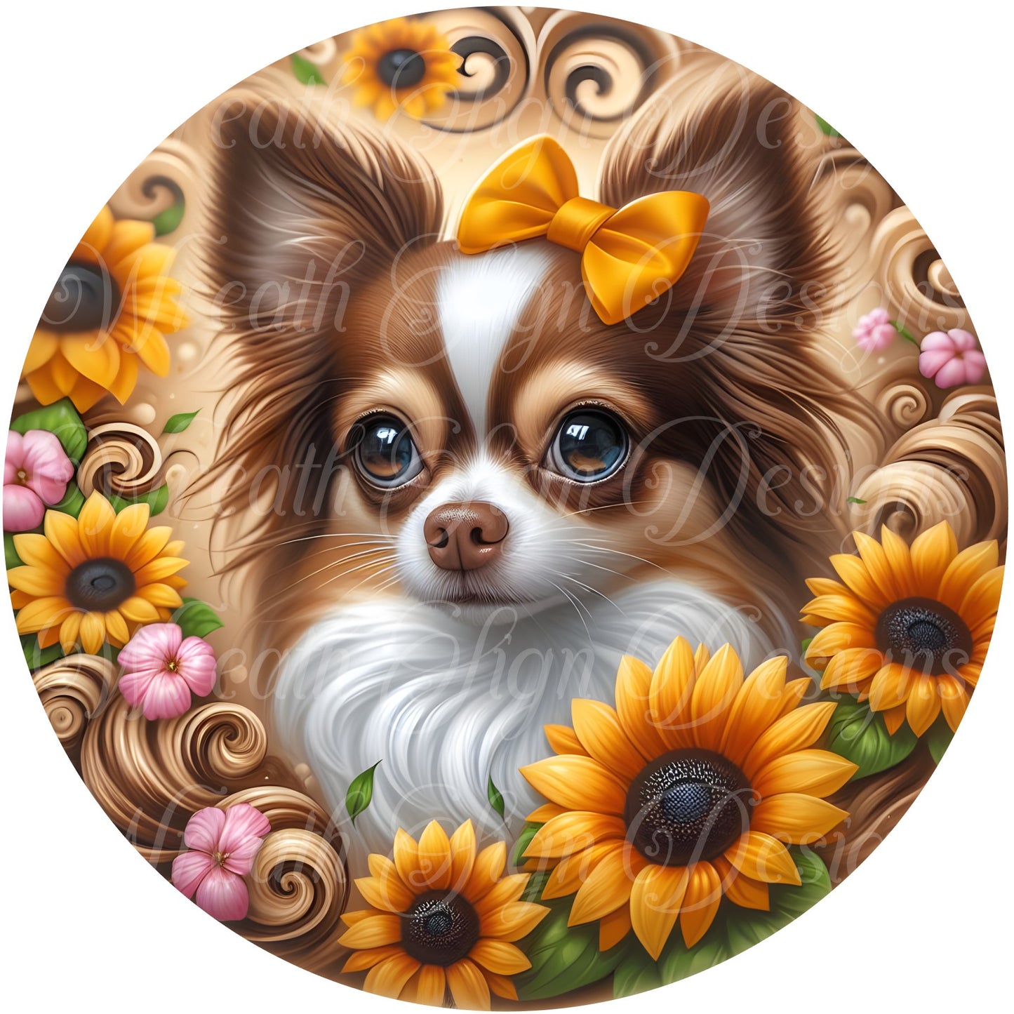 chihuahua in the sunflowers round metal wreath sign. wreath center, wreath attachment, dog, canine, animal sign. fall, autumn, sunflowers