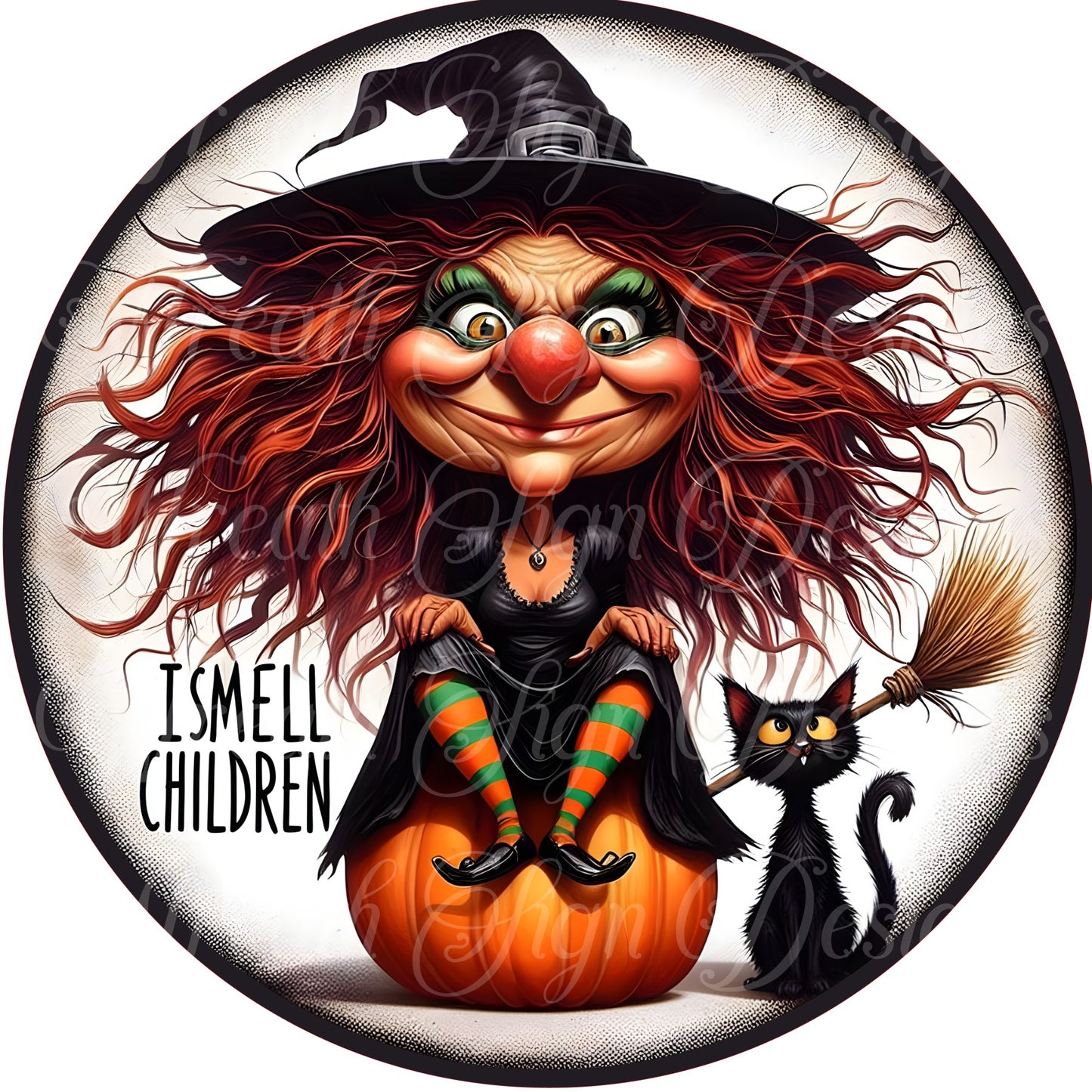 I smell children, Wicked witch and cat Halloween round metal wreath sign. Wreath center, Wreathc attachment