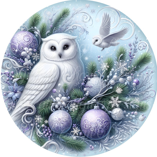 Christmas Wreath sign Snow owl with lavender and blue wreath sign, woodland owl round metal wreath sign, Wreath attachment