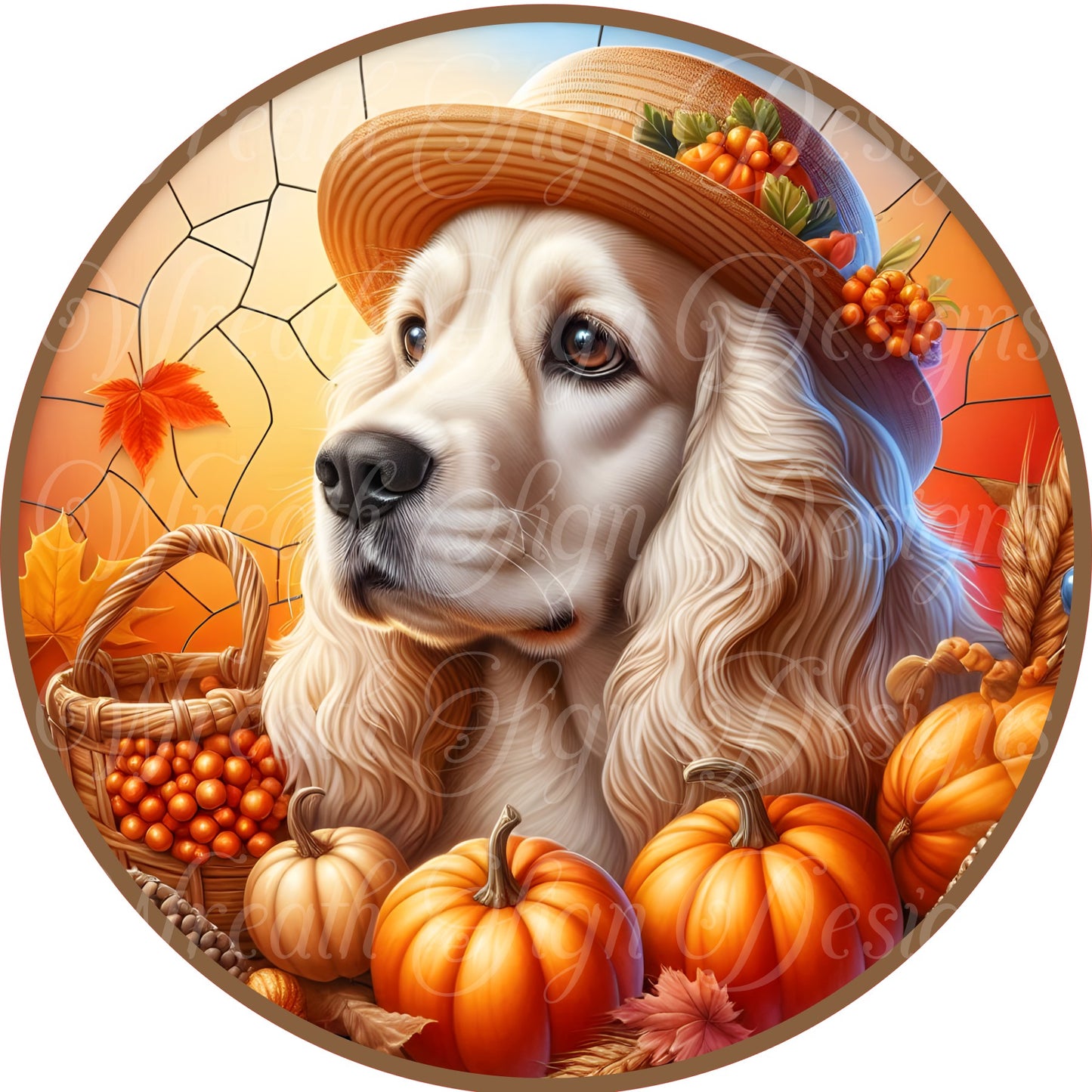 Fall Cocker Spaniel dog sign, Autumn leaves and pumpkins sing, Round metal wreath sign, Center, Attachment