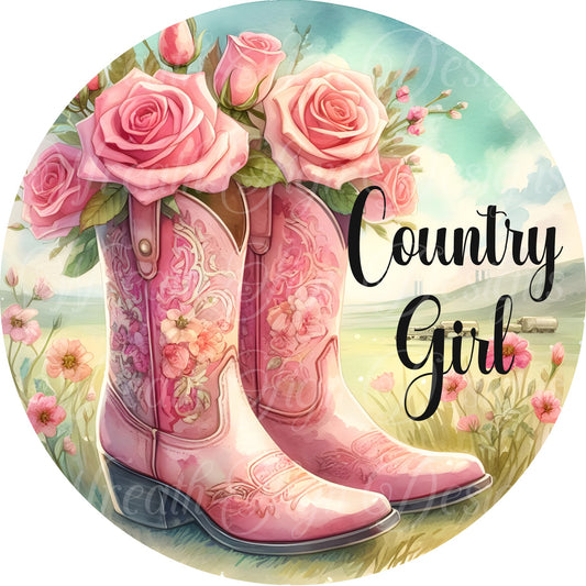 country girl, Cowgirl boots and flowers springtime wreath sign. wreath center, attachment, plaque