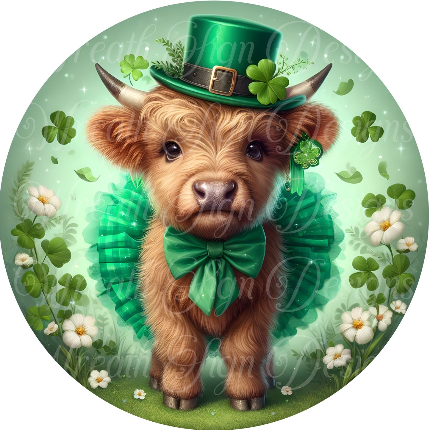 St. Patricks Day Highland cow Leprechaun Wreath sign,  St. Patricks Day Shamrock round metal sign,  4 leaf clover sign, wreath attachment