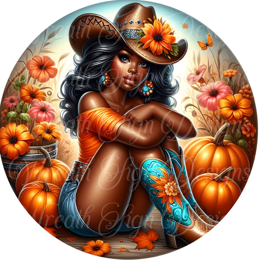 Fall Diva Cowgirl Sign, African American Melanin cowgirl wreath sign, Autumn cowboy wreath center, Wreath attachement