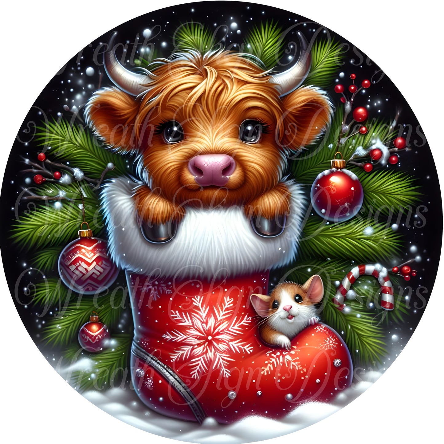 Highland cow Christmas round metal wreath sign, Winter cow sign, wreath center, wreath attachment