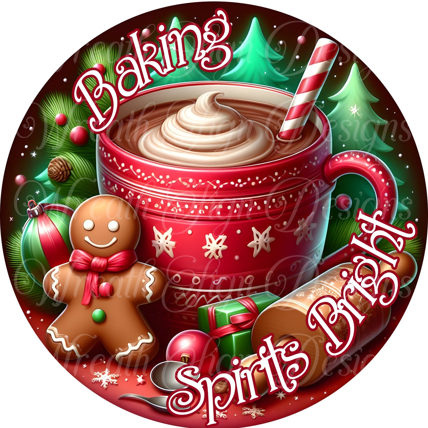 Baking Spirits Bright round metal sign, Santa cookies wreath sign, gingerbread house wreath center, Baking Spirits Bright