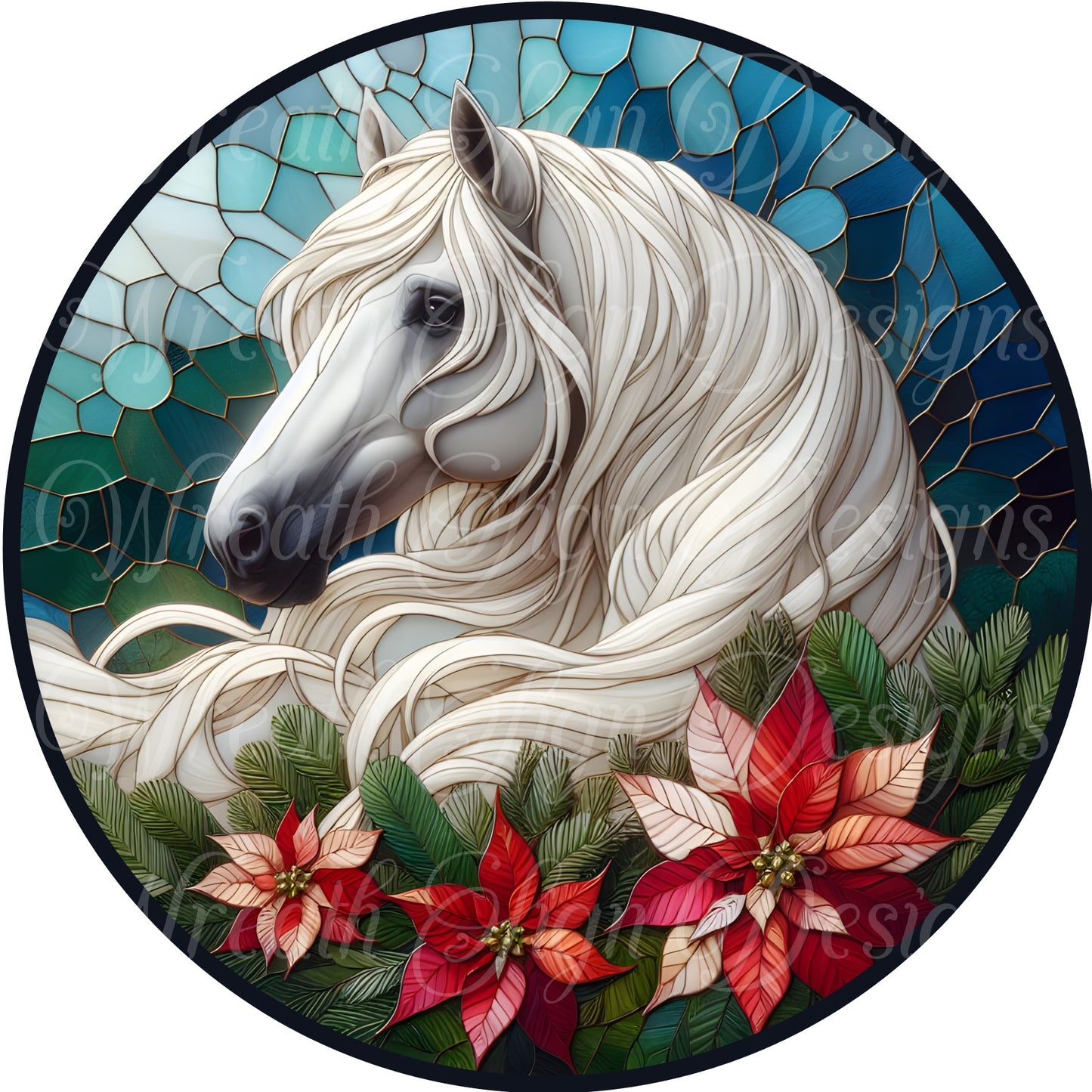 Horse sign,  white horse Faux stained glass horse sign, metal wreath sign, Round sign,  attachment Wreath center, Christmas sign