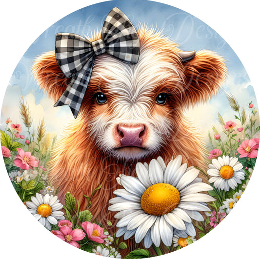 Cute highland cow and daisies, Springtime welcome sign, Metal wreath sign, round metal wreath attachment