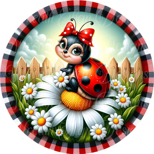 ladybug and daisys Round metal wreath sign, summertime sign, Spring bug Wreath Center, Wreath attachment, Door Hanger, circle sign,