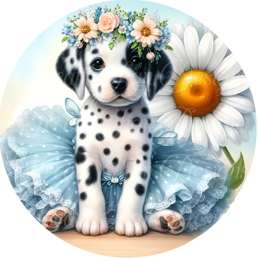 Spring time dalmation puppy wearing a tutu metal sign,  spring time summer time Round sign, Wreath attachment, Wreath center,