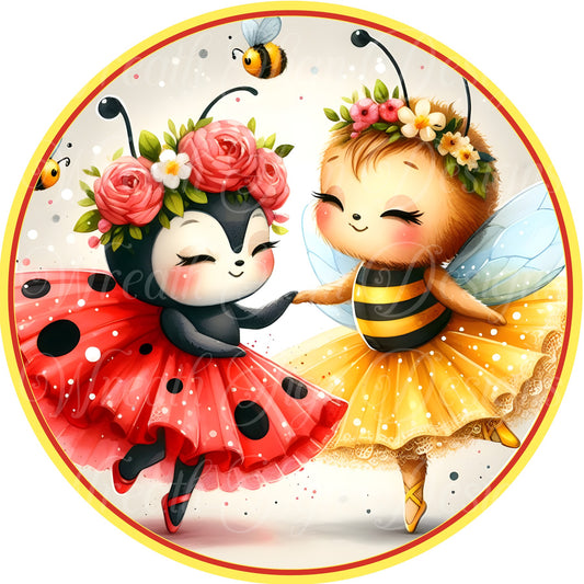 dancing ladybug and bumble bee wearing tutus, metal wreath sign, summer decor, door sign, welcome sign, springtime wreath plaque, center,