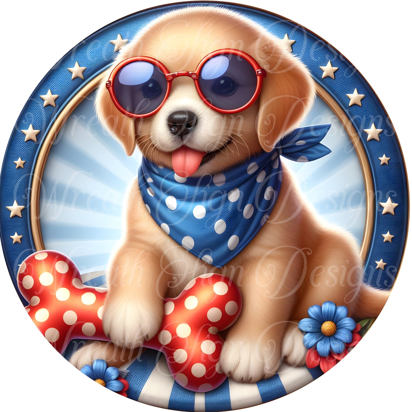 freedom puppy, dog , patriotic, July 4, independence  liberty metal wreath sign, Round sign,  attachment Wreath center, Americana, American