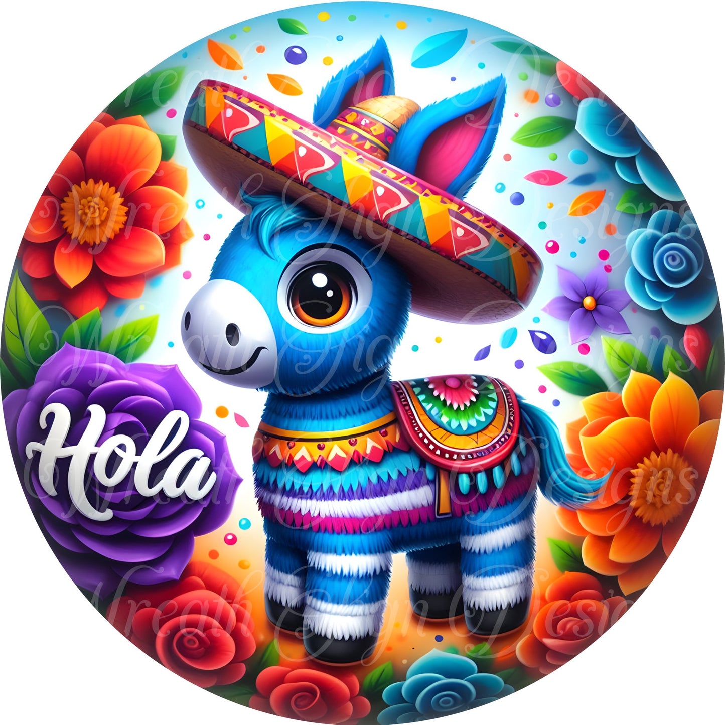 Cinco De Mayo, cute blue donkey pinata, Cinco De Mayo round metal  Wreath Sign, Round sublimation sign. Wreath center, attachment