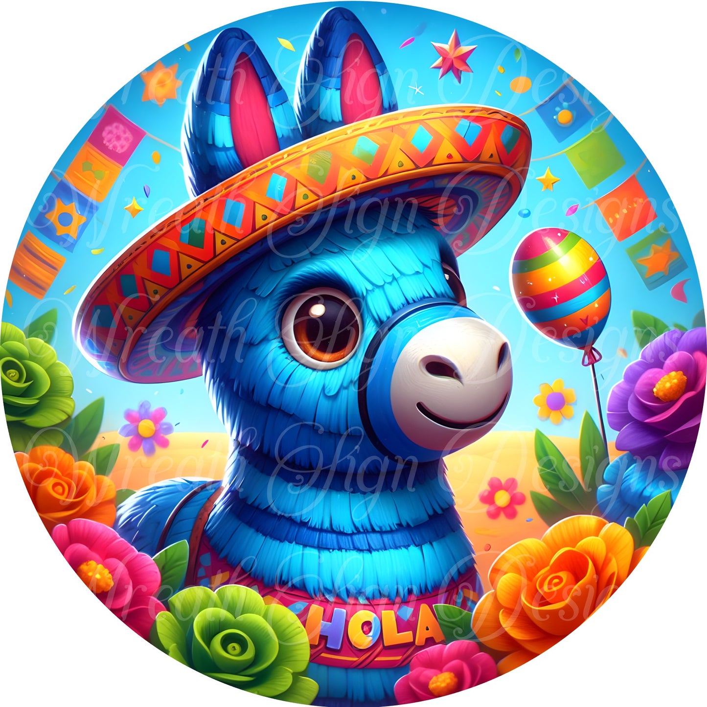 Cinco De Mayo, cute blue donkey pinata, Cinco De Mayo round metal  Wreath Sign, Round sublimation sign. Wreath center, attachment