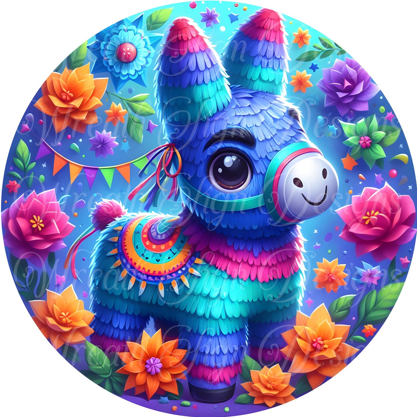 Cinco De Mayo, cute blue donkey pinata, Cinco De Mayo round metal  Wreath Sign, Round sublimation sign. Wreath center, attachment