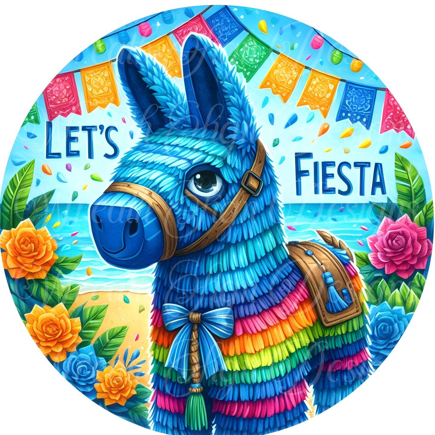 Cinco De Mayo, cute blue donkey pinata, Cinco De Mayo round metal  Wreath Sign, Round sublimation sign. Wreath center, attachment