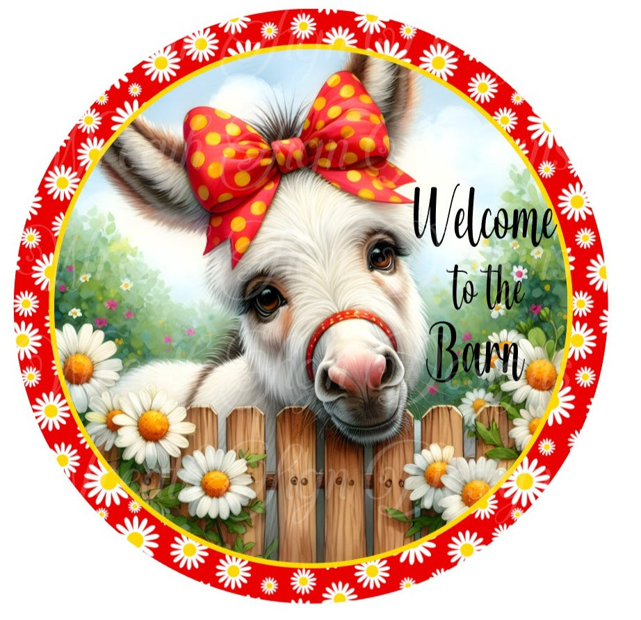 Daisy the donkey round metal wreath sign, Donkey and Daisies wreath center, wreath attachment, Welcome sign