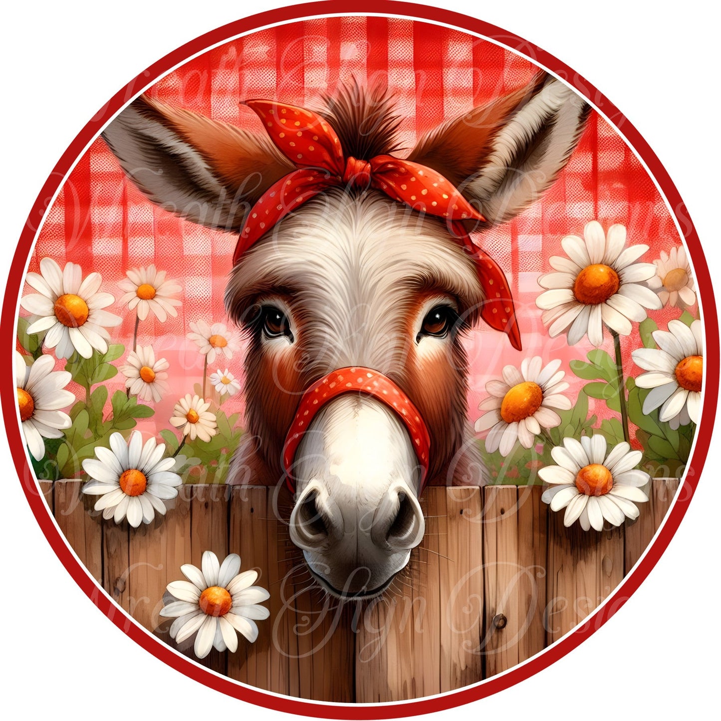 Daisy the donkey round metal wreath sign, Donkey and Daisies wreath center, wreath attachment