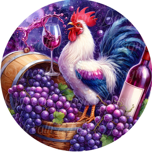 Drunk chicken, Wine sign, Wreath sign, wreath attachment, center , Round metal sign