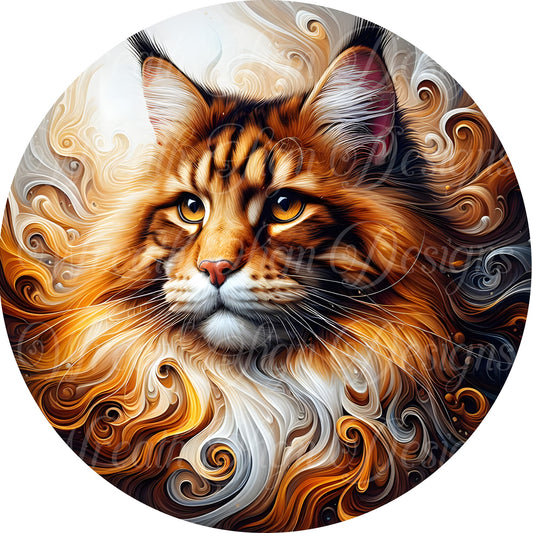 Tabby Cat, Kitten, Feline orange and white round metal wreath sign,  Round sign, Wreath attachment, Wreath center, plaque