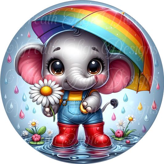 Elephant in the rain,  Umbrella, Spring metal sign  Round sign, Wreath attachment, Wreath center,