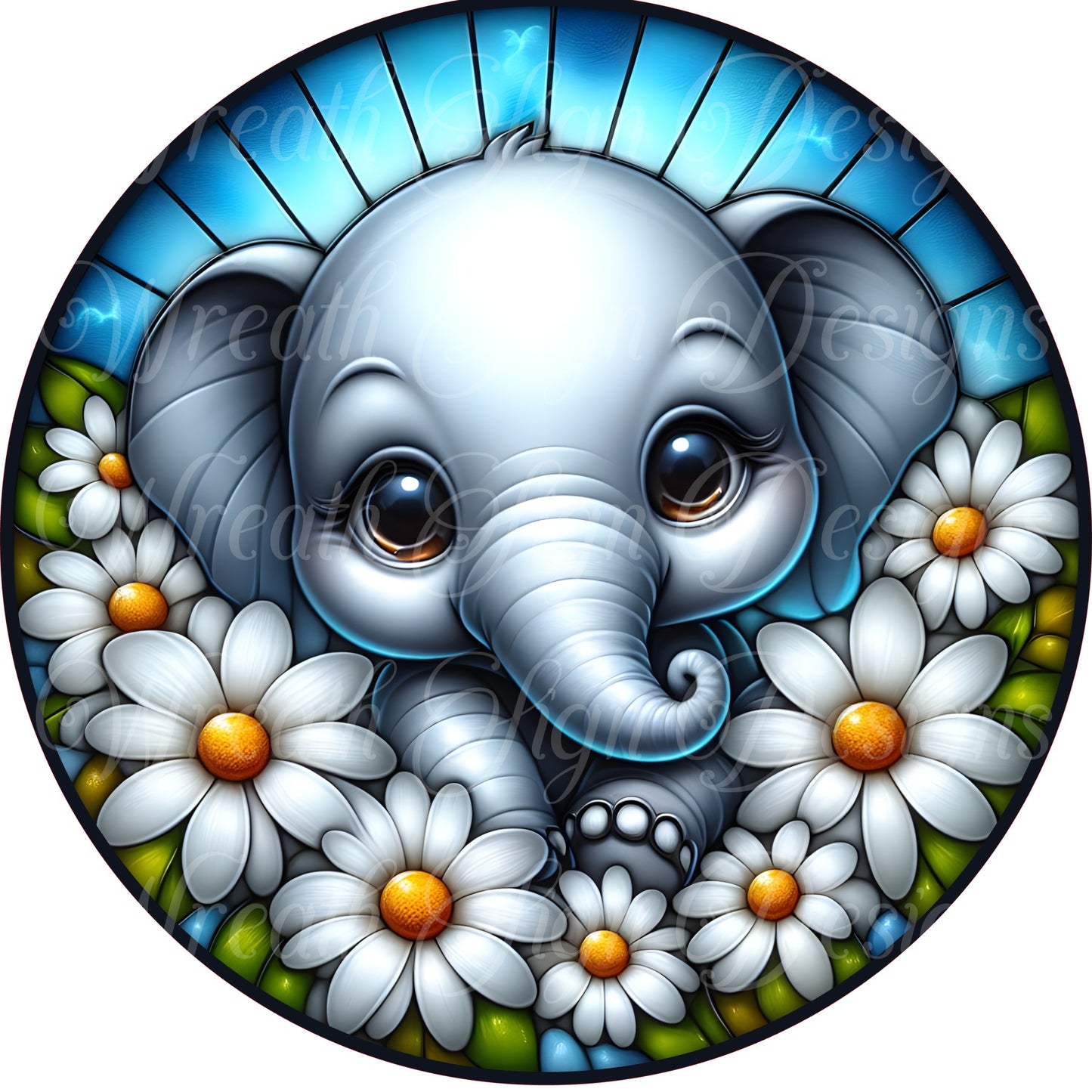 Elephant in the daisies, Spring metal sign  Round sign, Wreath attachment, Wreath center,