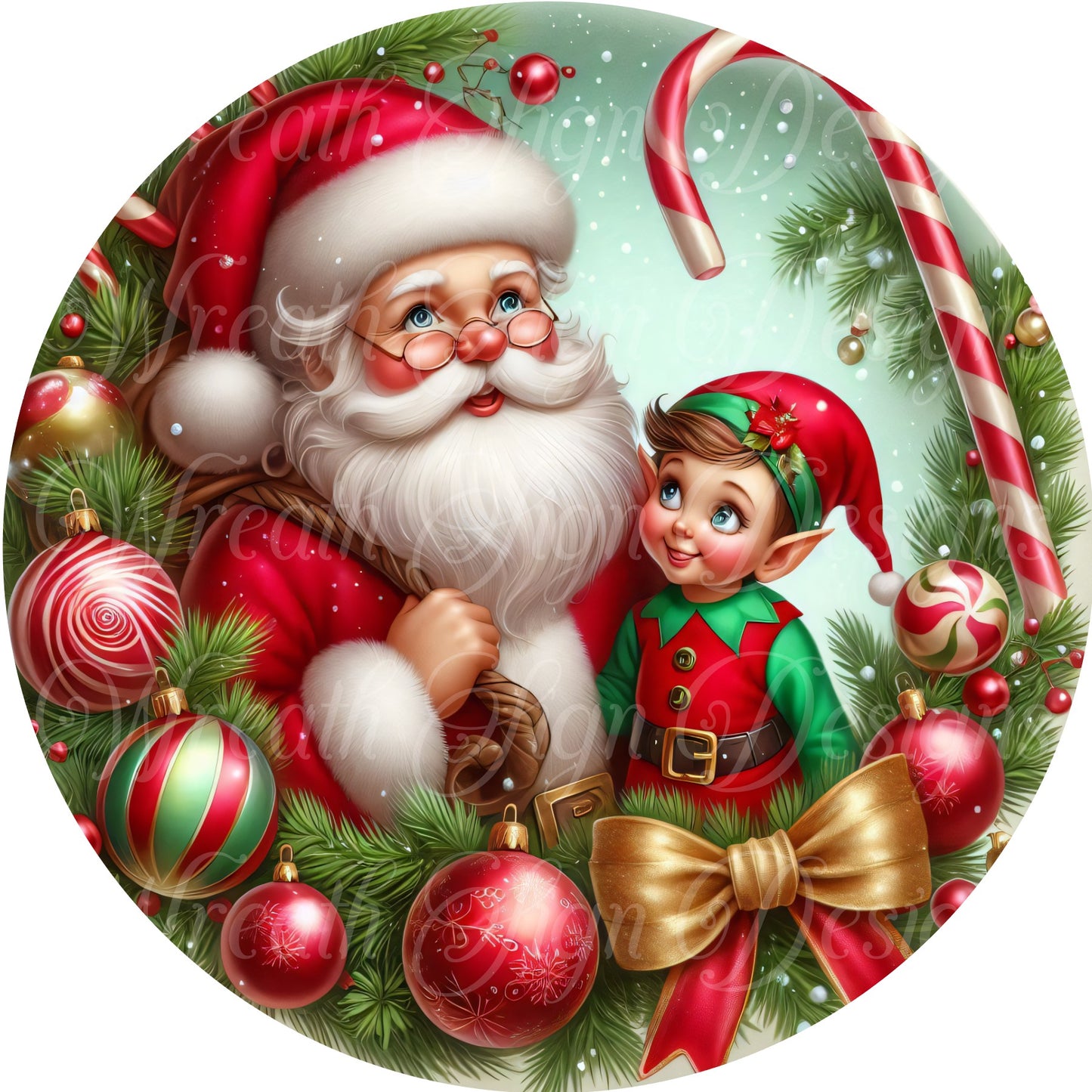 Santa and His elf on Christmas morning wreath sign, Elf. Toy Train, Merry Christmas, Santa, St. Nicholas. Kris Kringle, Wreath center