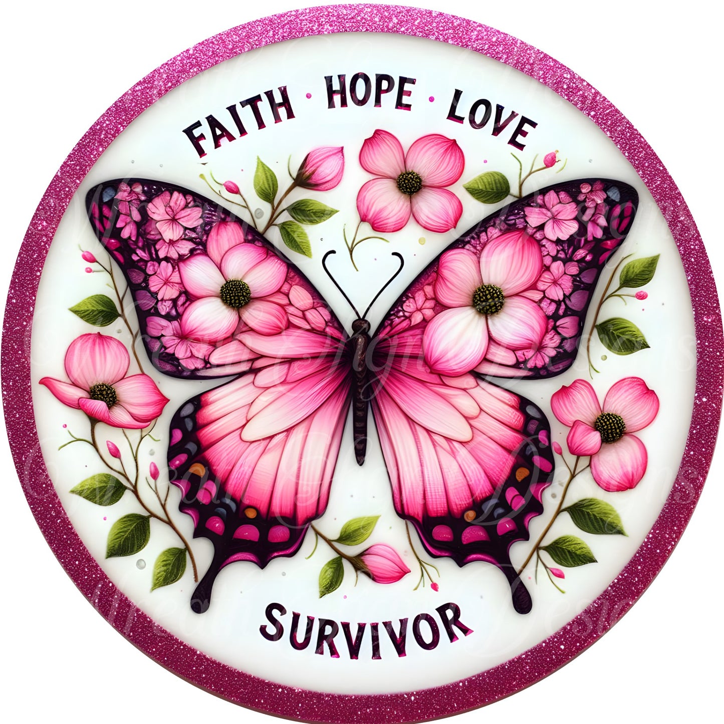 sublimated metal butterfly cancer survivor wreath sign, breast cancer awareness ribbon, pink awareness ribbon