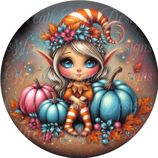 Jewel Tone fall gnome fairy and pumpkins metal wreath sign, Round autumn sign, blue and orange pumpkins wreath center, attachment
