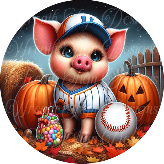 Whimsical Halloween Pig playing baseball, pumpkins, Piglet and pumpkin round metal wreath sign, sports sign, wreath attachment, center