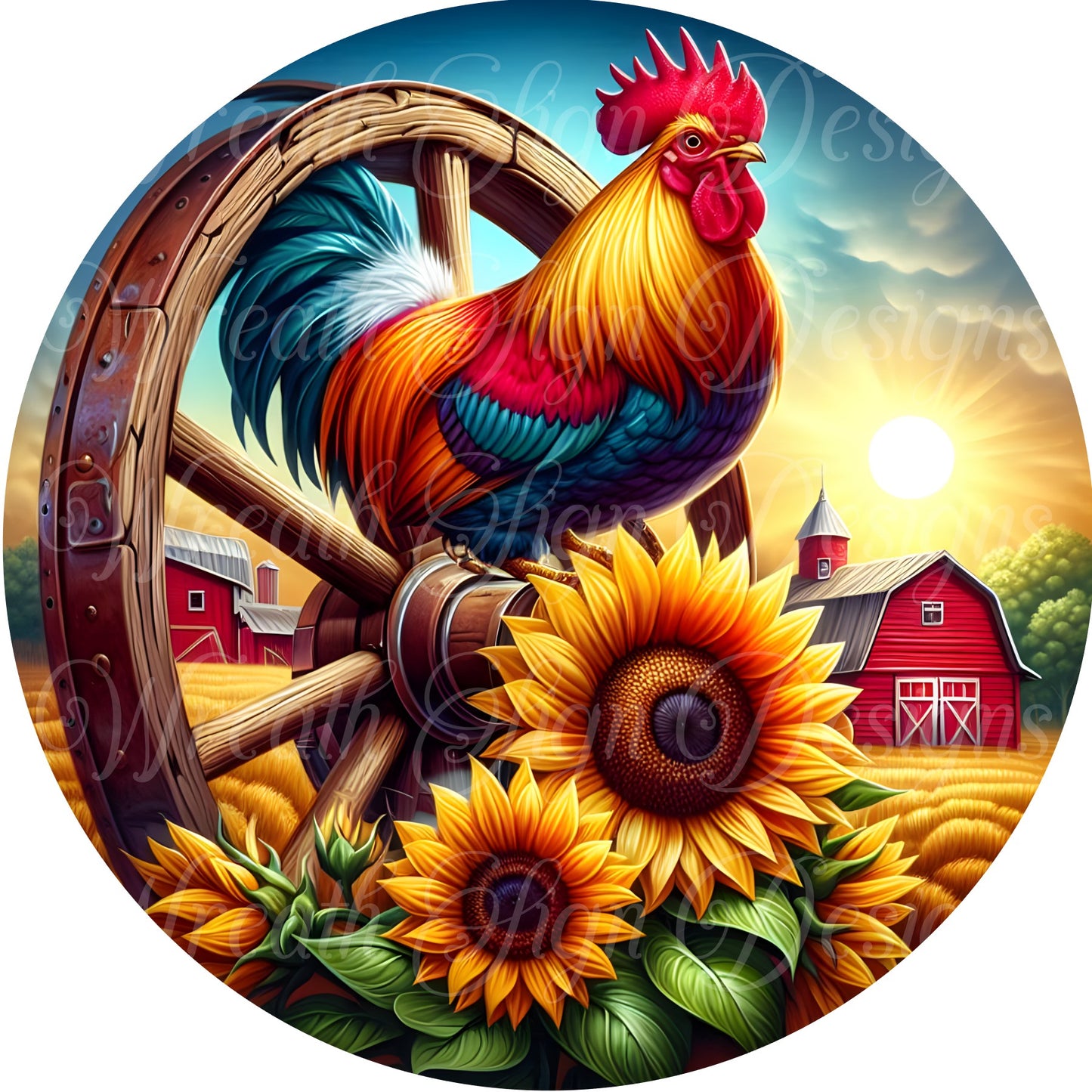 round sublimated metal wreath sign, rooster sign,  Fall colorful  rooster  wreath center,