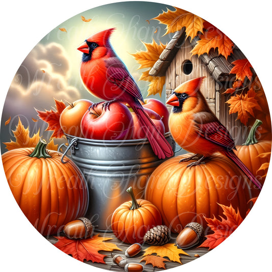 Fall cardinals wreath sign, Cardinals and pumpkins, Autumn harvest metal sign, round wreath center, wreath attachment