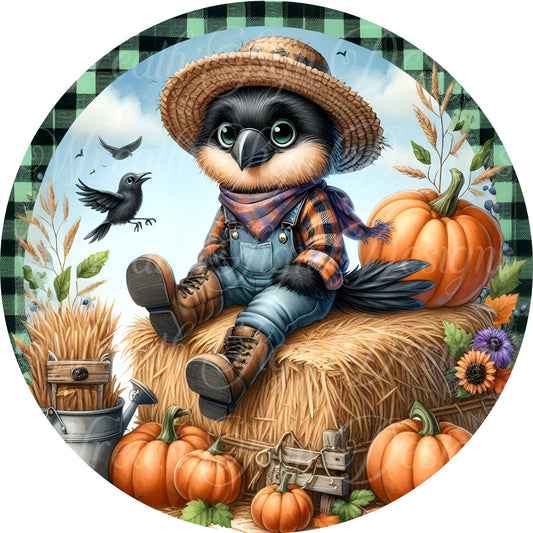 round metal sublimated wreath sign, Fall scarecrow crow center wreath attachment, pumpkin sign