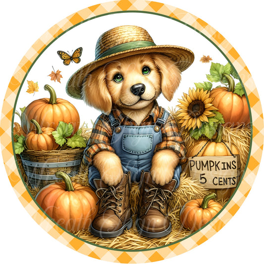 round metal sublimated wreath sign, Fall scarecrow dog center wreath attachment, pumpkin sign
