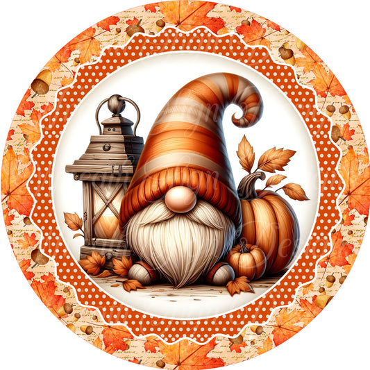 round metal sublimated wreath sign, Fall Gnome center wreath attachment, autumn sign