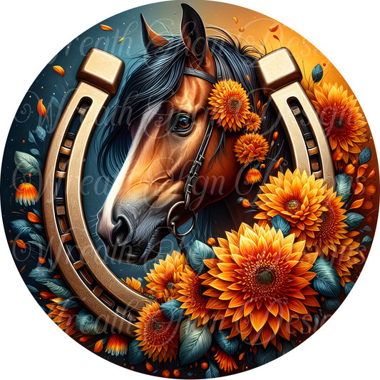 Southwest Style Horse sign. Sunflowers Fall Autumn round metal wreath sign. center. attachment