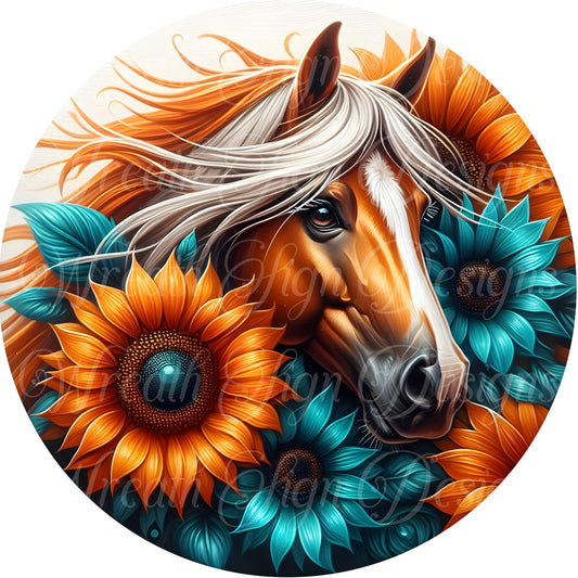 Southwest Style Horse sign. Sunflowers Fall Autumn round metal wreath sign. center. attachment