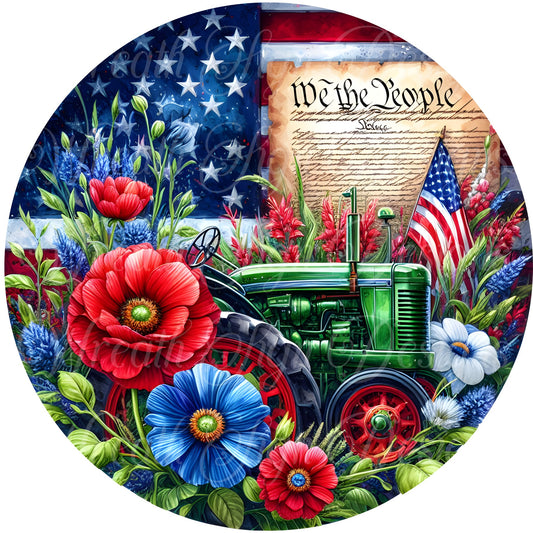 Home Sweet Home, red white and blue flowers, grreen tractor, patriotic, fourth of July, independence day metal sign, Round sign,  attachment Wreath center