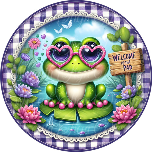 Springtime frog sign, purple and green, wreath center, wreath attachment, wreath sign,  door sign. round metal wreath sign, round sign