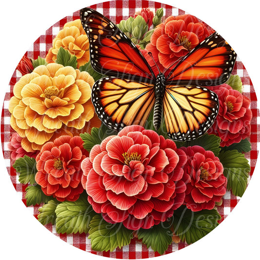 Monarch butterfly and Geraniums summer wreath sign, wreath center, attachment