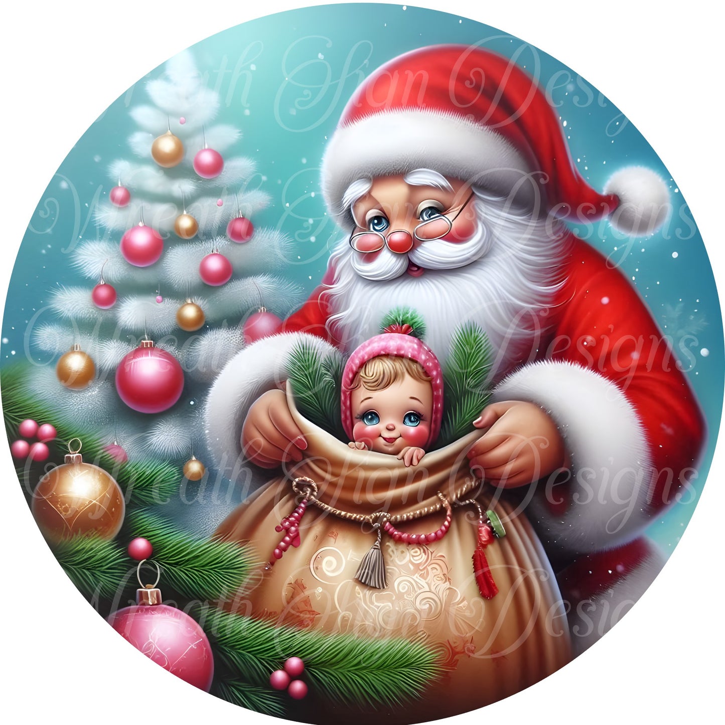 Merry Christmas, Santa Claus and his bag of toys, St. Nick, Kris Kringle, Christmas trees in pink and white, round metal wreath sign, center