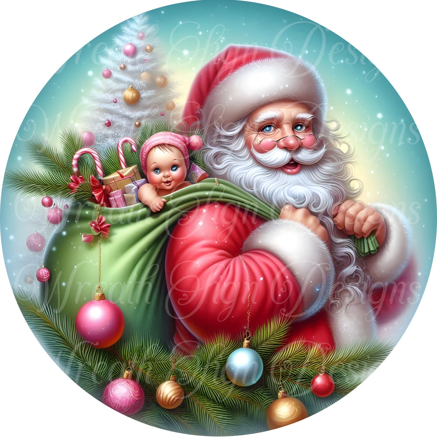 Santa and his Toys, Round metal wreath sign