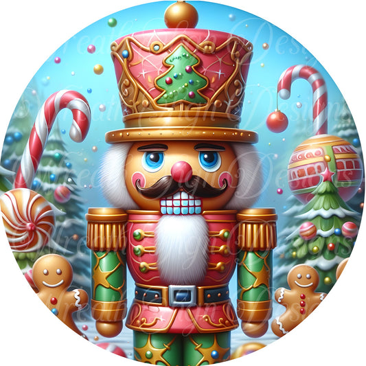 nutcracker toy soldier round metal wreath sign, Gingerbread themed Nutcracker holiday sign, cookie theme, Christmas sign, wreath attachment,