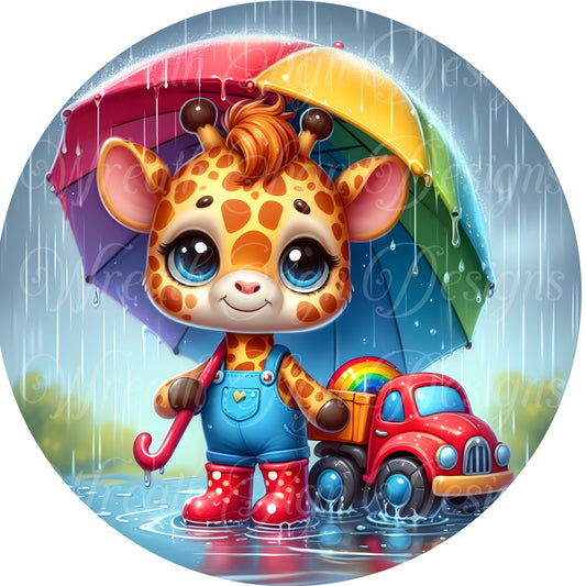 giraffe in the rain,  Umbrella, Spring metal sign  Round sign, Wreath attachment, Wreath center,