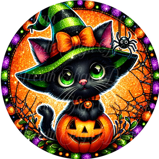 Black cat and pumpkin round metal sign, Halloween cat wreath sign, black cat and spider wreath center, wreath attachment,  Cat witch sign