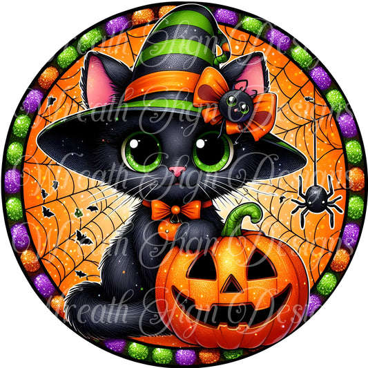 Black cat and pumpkin round metal sign, Halloween cat wreath sign, black cat and spider wreath center, wreath attachment,  Cat witch sign